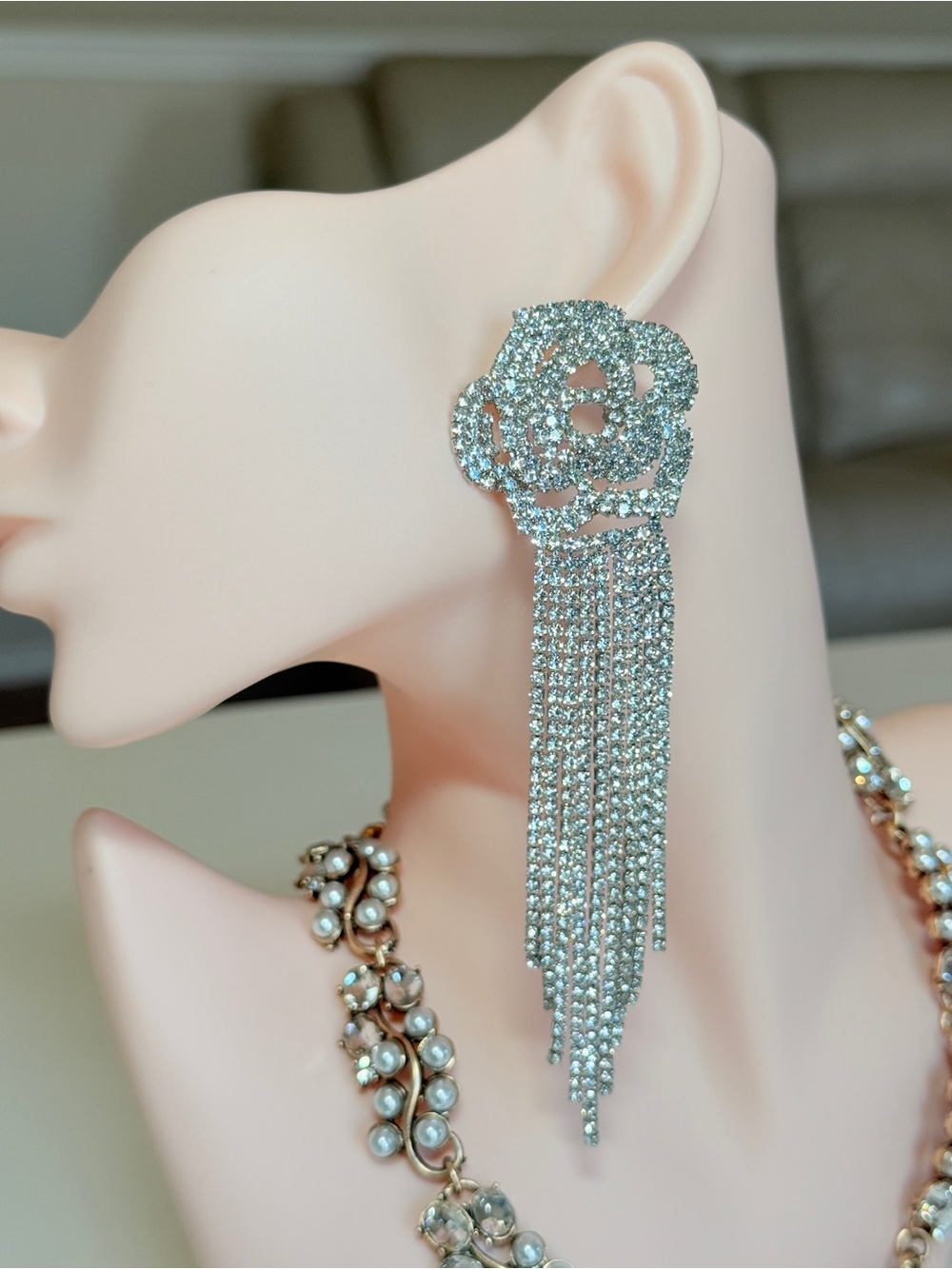 Crystal Flower Tassel Drop Earrings